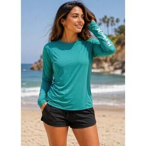 Hurley Womens UPF 50+ Rash Guard Shirt Size XL Teal Green Long Sleeve Swim Surf